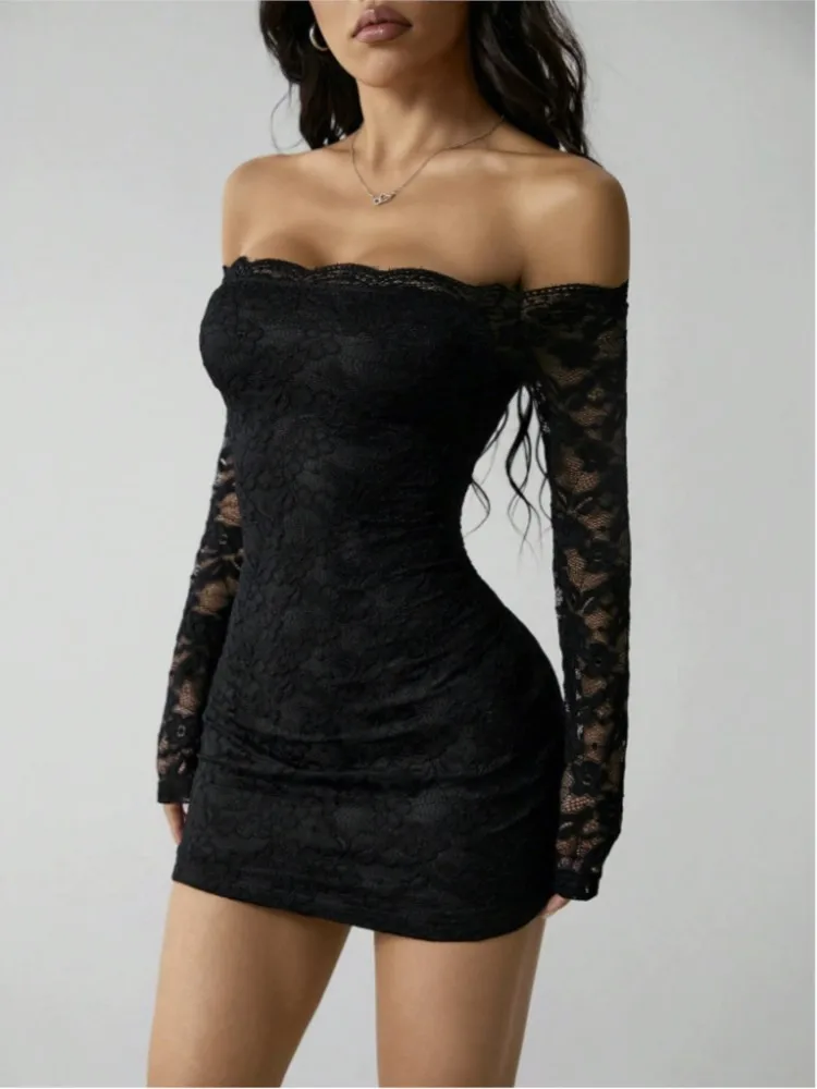 

Lace One-line Collar Long-sleeved Dress 2026 Spring And Summer New Slim Slim Going Out Dress Women's Short Skirt