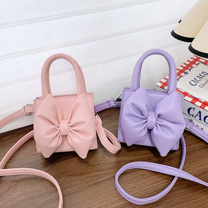 

Сплошные цветные сумки принцессы с бантом для девочек, милые детские маленькие сумки-кошельки из искусственной кожи, милая детская сумка через плечо