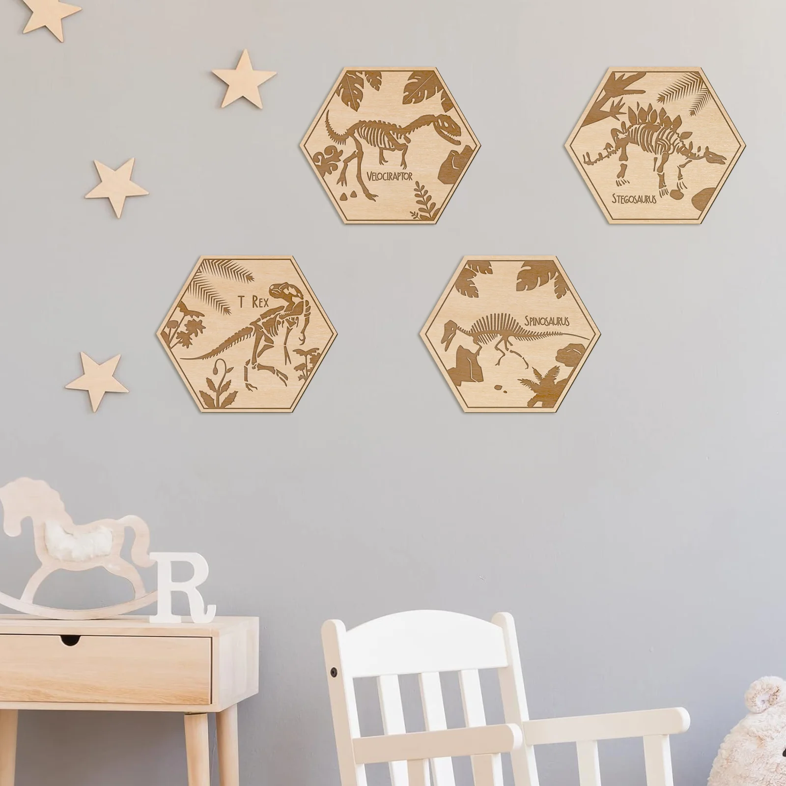 4 Pcs Dinosaur Wall Art Hexagon Wooden Decor - Laser Engraved Nursery, Playroom, Classroom Decoration (13x15cm)