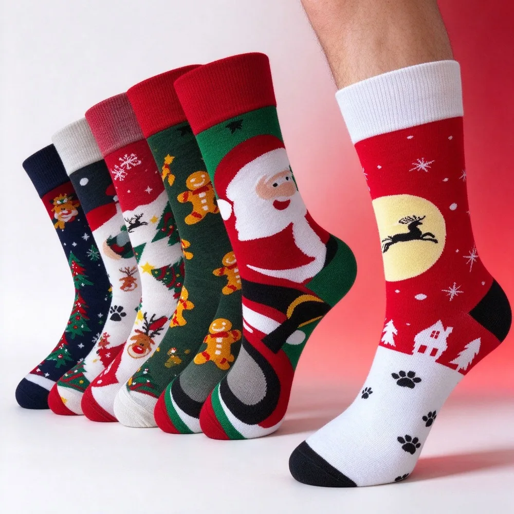 Christmas Mid-calf Socks, Cartoon Snowman Elk Christmas Tree Pattern Festive Socks, Holiday Atmosphere Trendy Xmas Socks