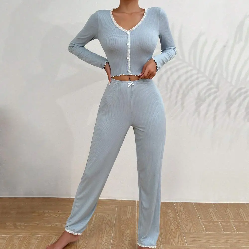 New Fashion European Women Homewear Pajamas Long Sleeves Top Trousers Slimming Smooths Your Silhouette Sexy Lace Nightie Suit