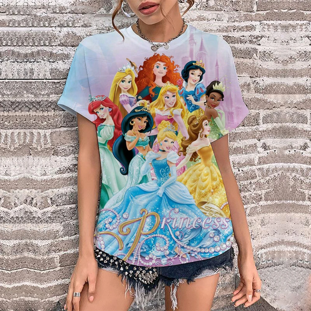 

Disney Fashion Punk 2025 Princess Rocker T-shirt Women Casual Print T-shirt Girl Summer O Neck Harajuku Y2k Funny Cute Tops Tee