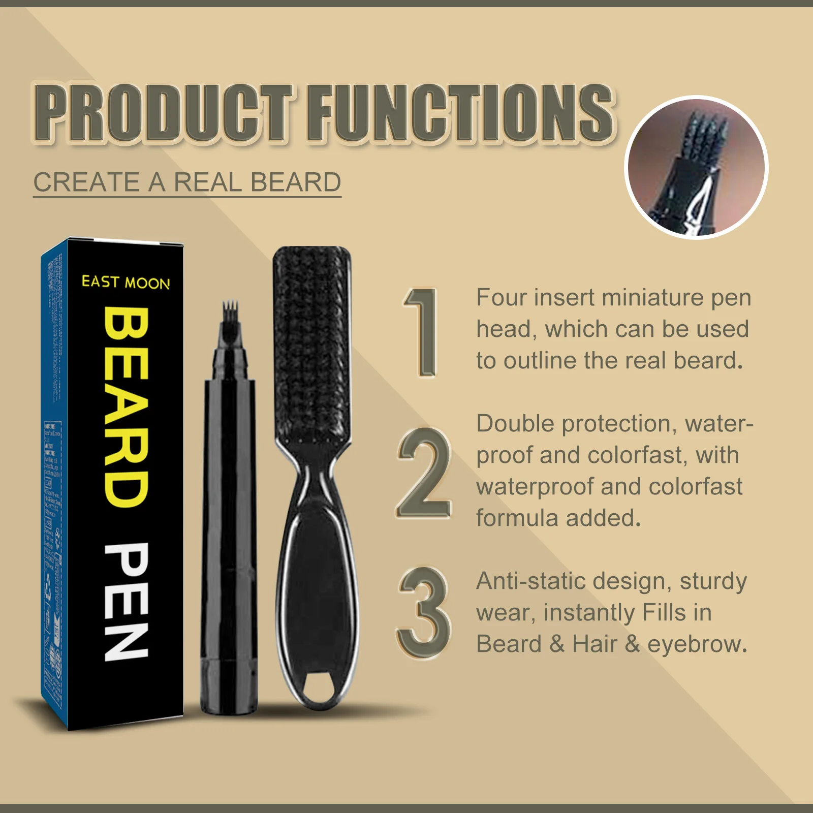 Beard Filler Pen Kit Waterproof Four Prong Beard Filler Pencil With Beard Brush Male Moustache Repair Shaping Coloring Pen image 4
