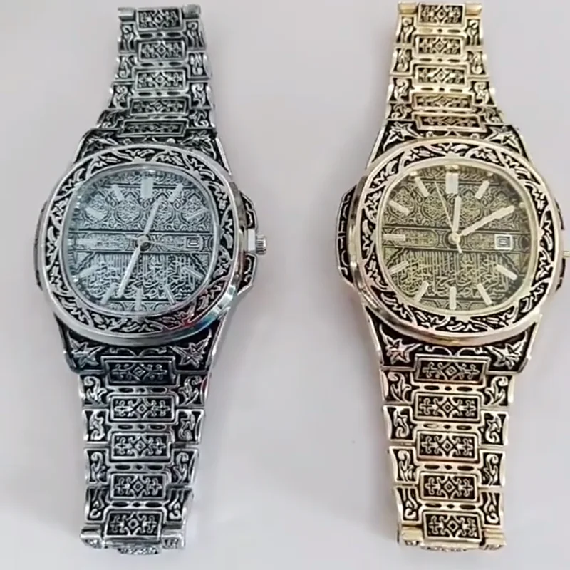 패션 럭셔리 브랜드 빈티지 남자 쿼츠 시계 꽃 패턴 조각 손목 시계 빈티지 쿼츠 시계
