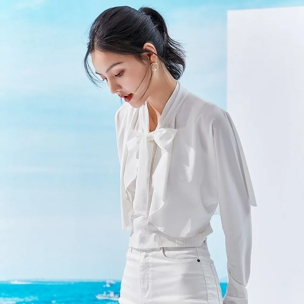 Haut court Ultra-fin à manches longues avec nœud papillon, Anti UV, manches de protection solaire à séchage rapide, couvre-bras, couleur unie, châle en soie glacée pour l'extérieur