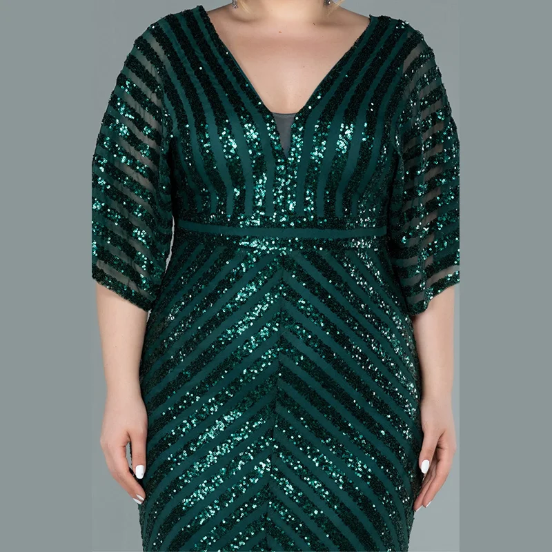 Plus Size V Neck Horizontal Stripes Green Sequins Luxury Dress 4XL5XL Luxury Elegant Fit Fishtail Dress Plus Size Women