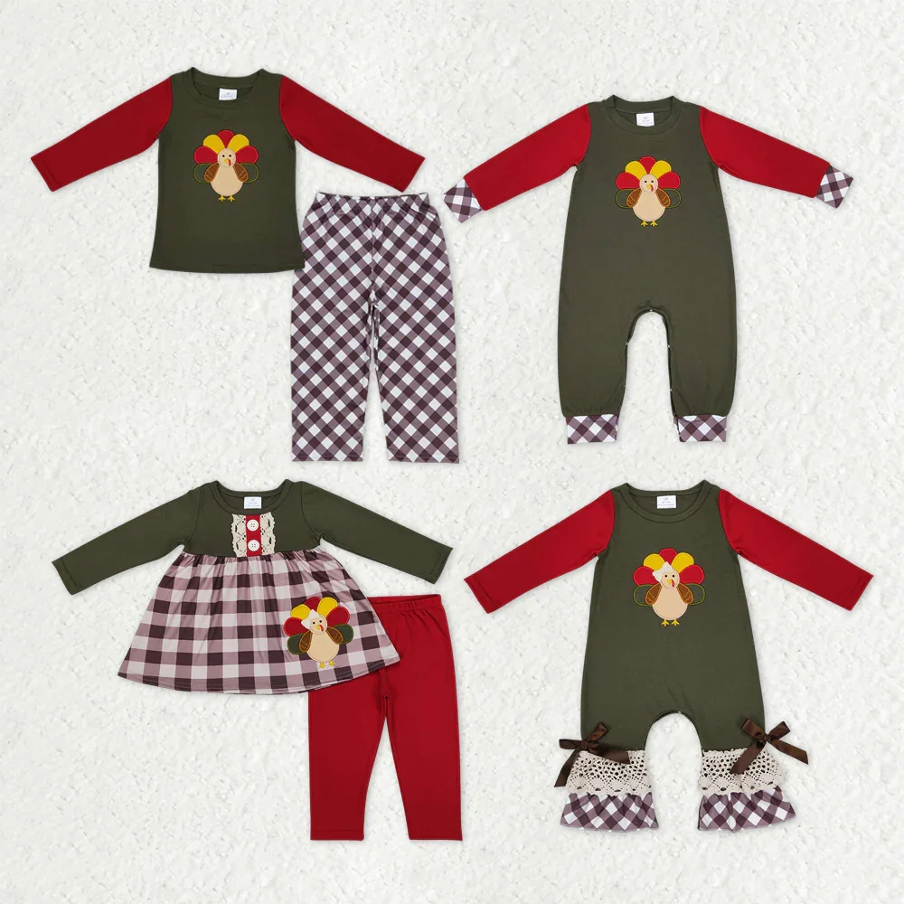 

z917-07 BLP0339 Wholesale baby girl clothes autumn thanksgiving embroidery turkey long sleeve pant set Boutique kids boys romper
