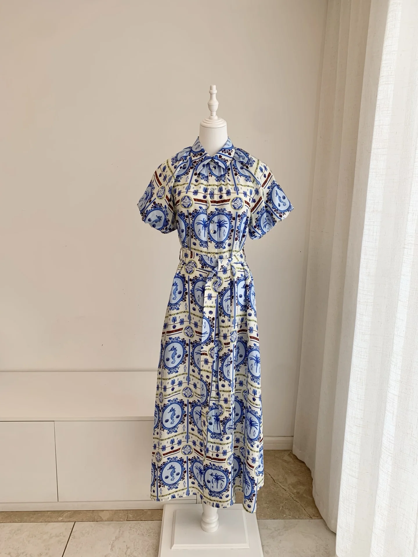 Coconut Tree Print Women Shirt Dress Silk Blend Turn-down Collar Puff Sleeve High Waist Casual Female Blue Robe