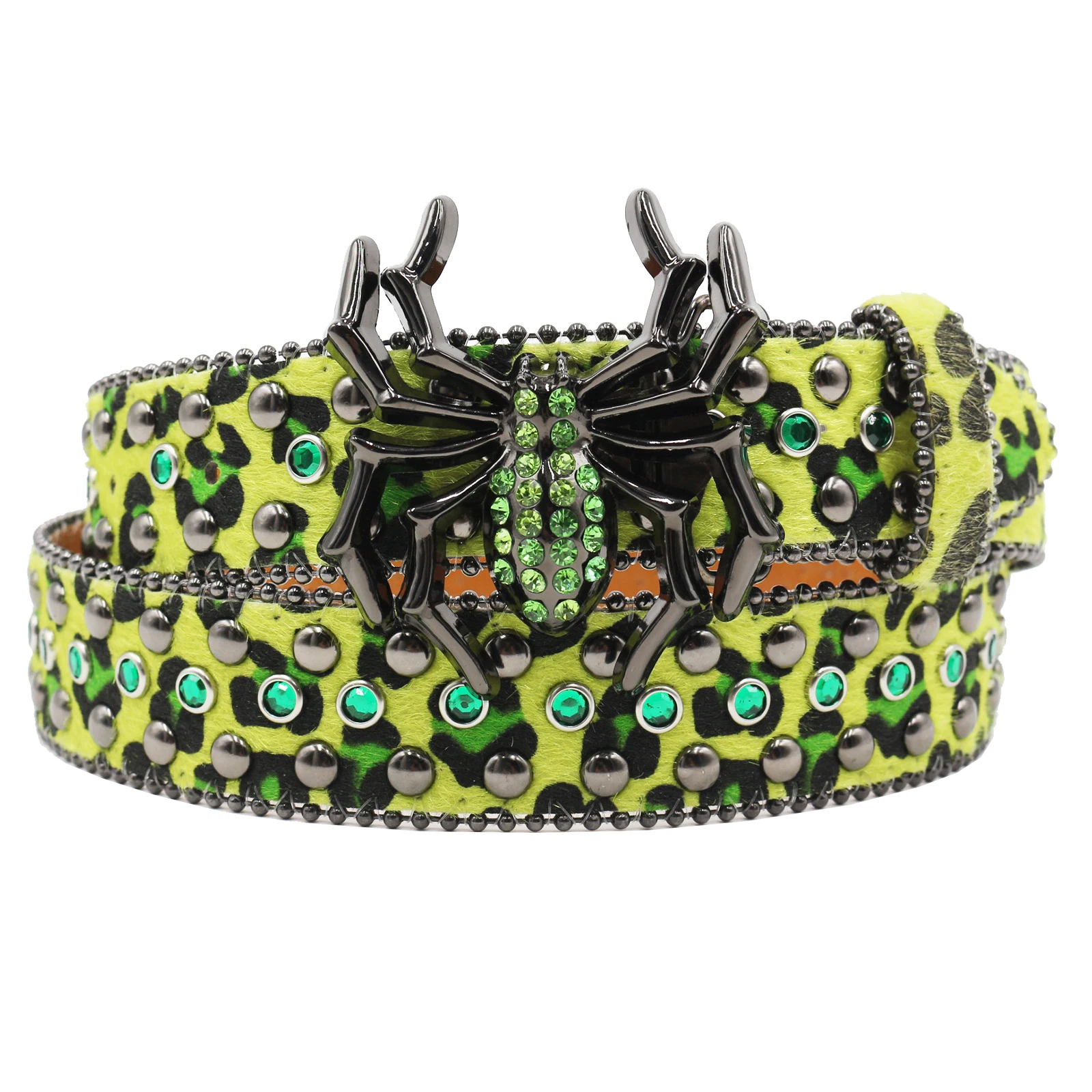 New spider buckle Women Solid /Leopard Print Studded Rhinestone Belt PU Leather Bling Crystal  Glitter Waistband for Club Party view 2