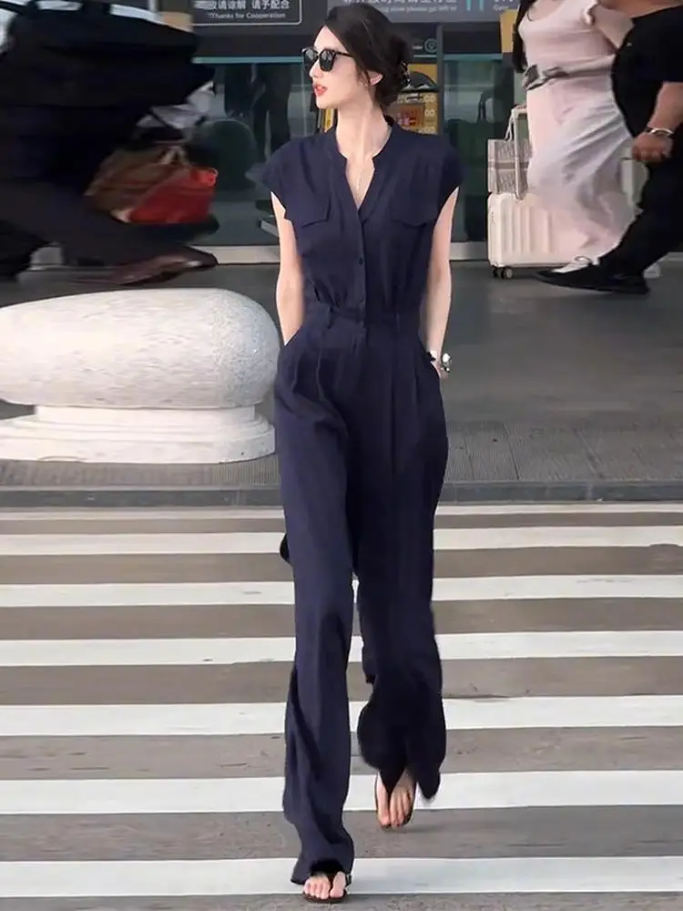 Ele – combinaison taille haute à jambes larges pour femmes, décontractée, coupe droite, longueur au sol, costume coréen Sle Commute Faion