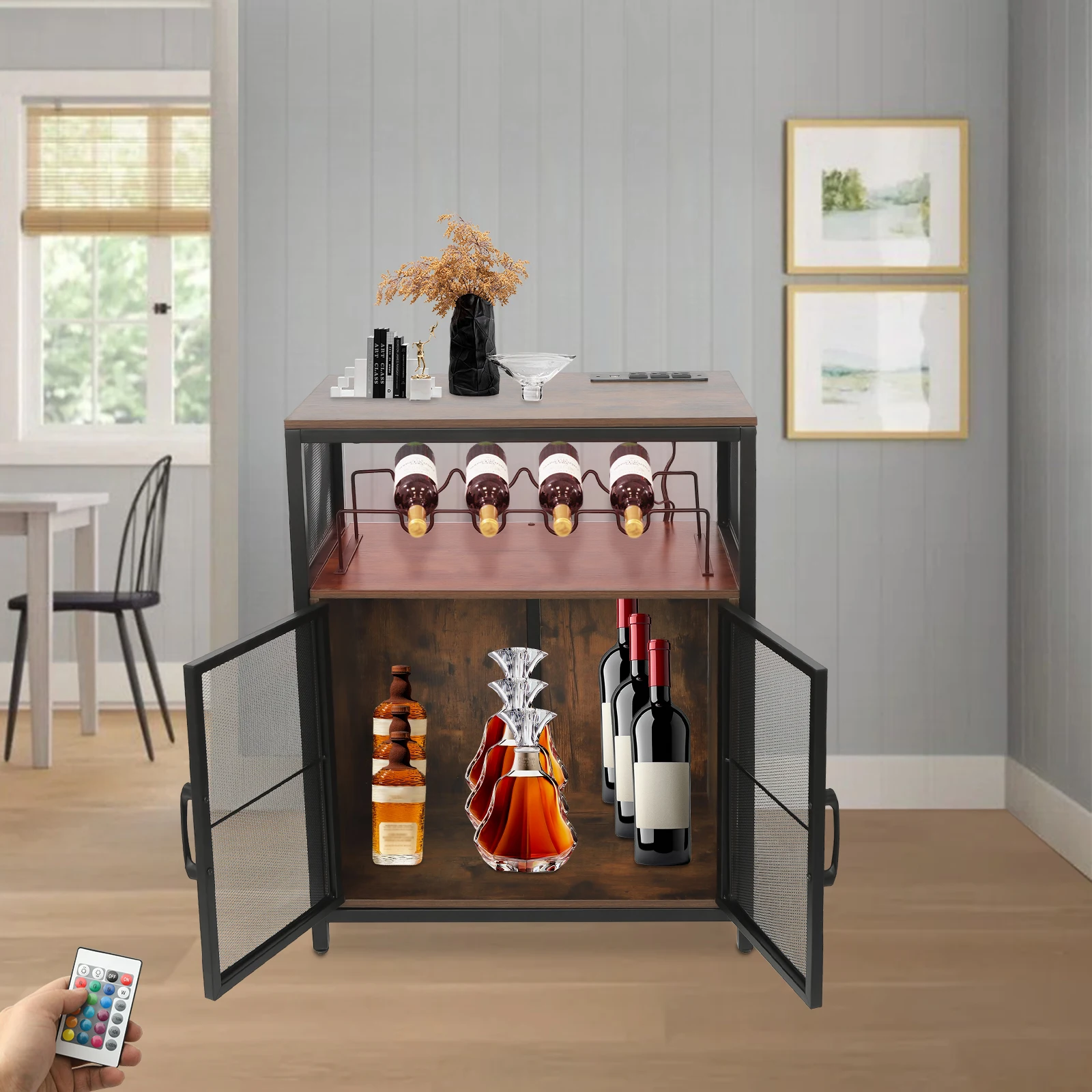 

Wine Bar Cabinet with RGB Light and Outlet FreeStanding Wine Rack Table Liquor Cabinet with Glass Holder