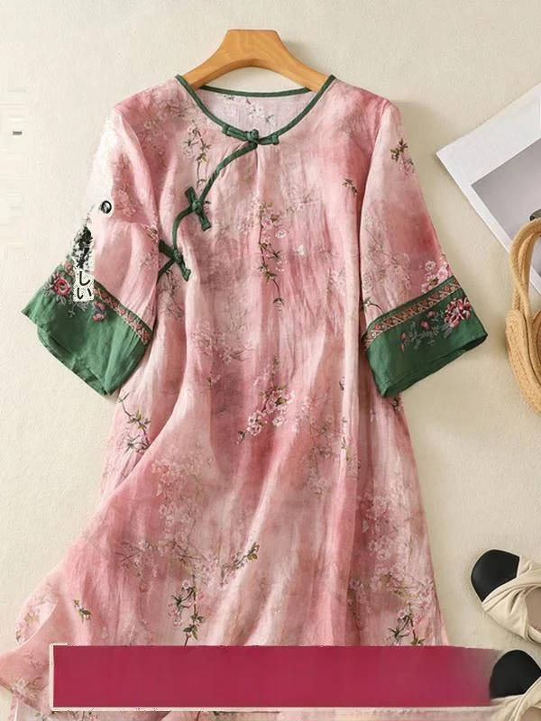 

Женский топ из льна с вышивкой в стиле ретро, новый летний китайский костюм с пуговицами по бокам, модный костюм с розовым цветком