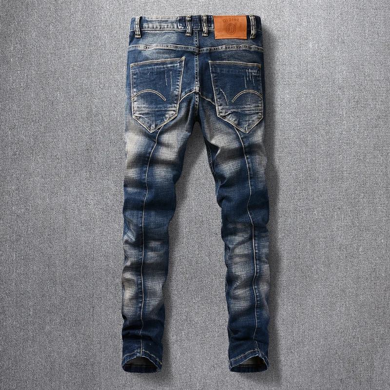 Fashion Vintage Men Jeans Retro Black Blue Stretch Elastic Slim Fit Ripped Jeans Men Spliced Designer Vintage Denim Pants Hombre