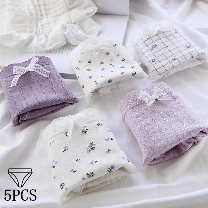 5 PCS/set Cotton Women's Underwear Fashion Soft Breathable Panties Mid Waist Sexy Underpants Seamless Lace Intimates Lingerie