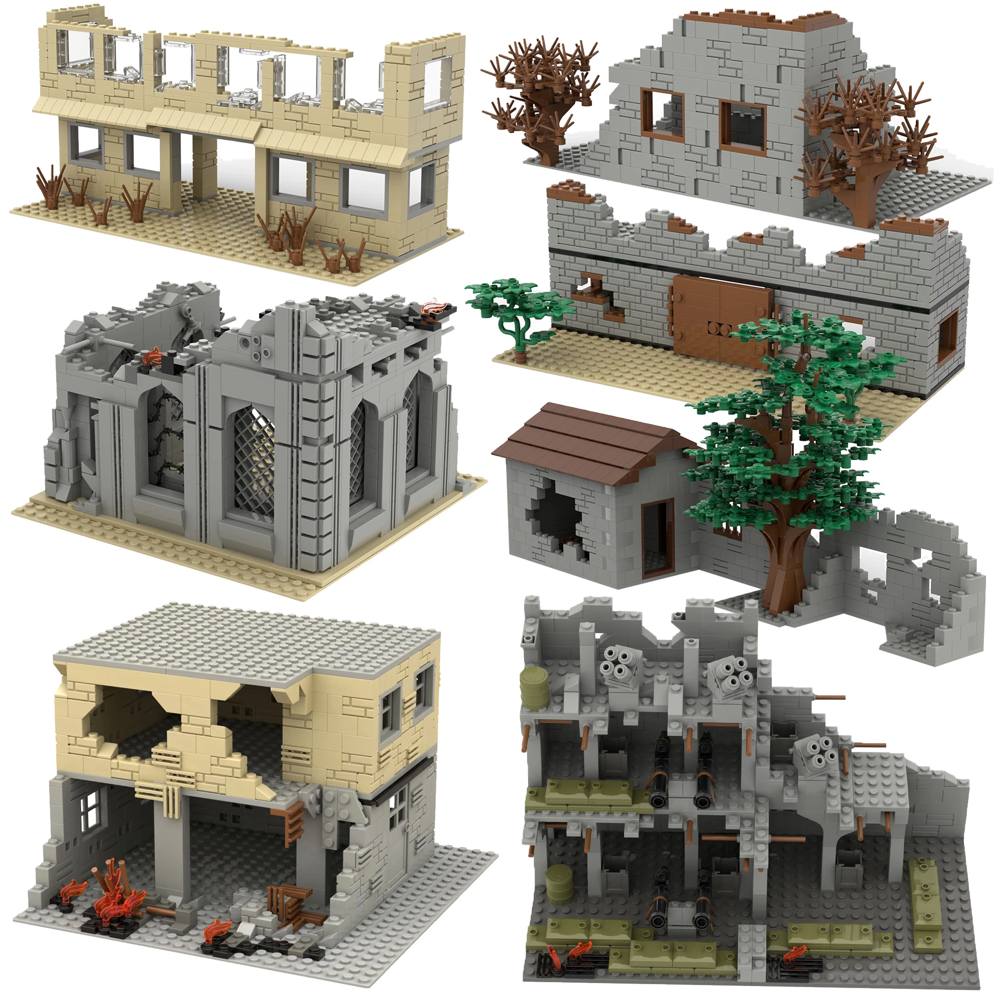 WW2 Military Trench Building Blocks Kit Destroyed House War Scene  Soldiers Figure Ruins Blockhouse Battlefield Bricks Toys Boys