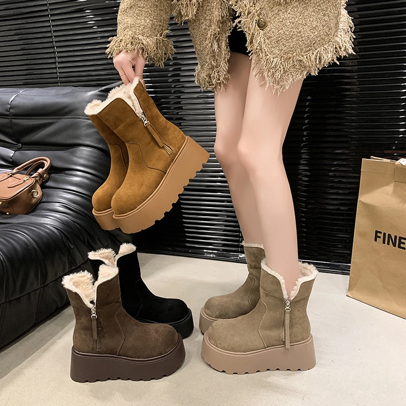 High Appearance Level Thick Sole Side Zipper Plus Cashmere Warm Fashion All Comfortable Non-slip Breathable Women's Ankle Boots