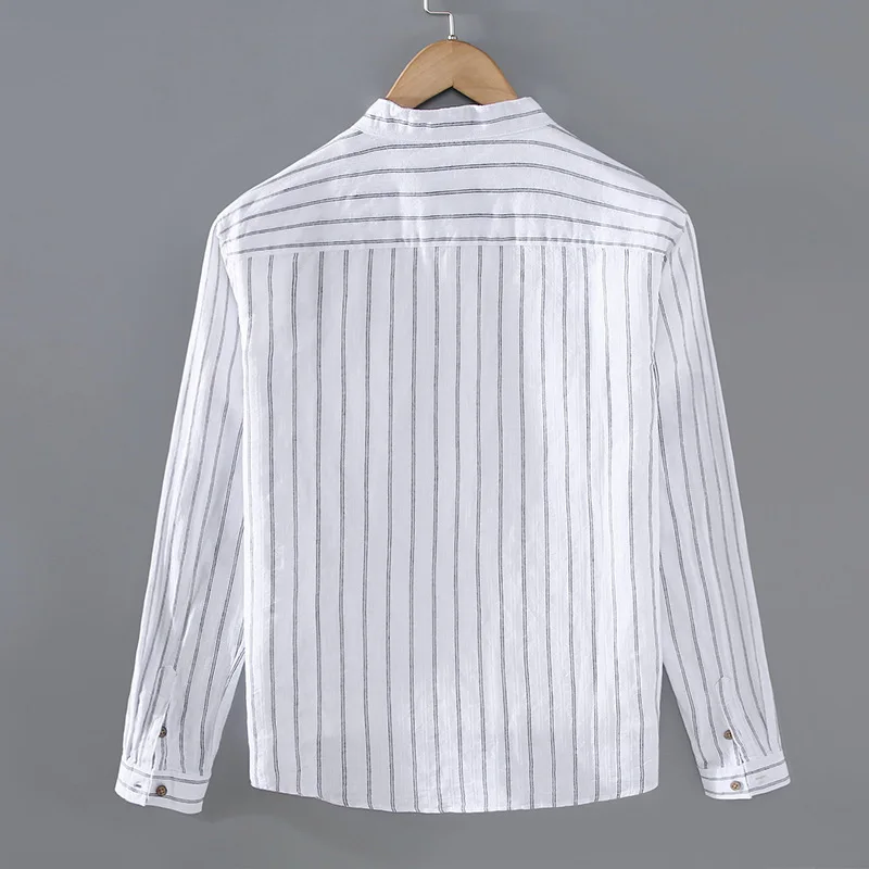 Camisa de manga larga a rayas verticales para hombre, camisa holgada de lino y algodón con cuello levantado, Otoño, 2024