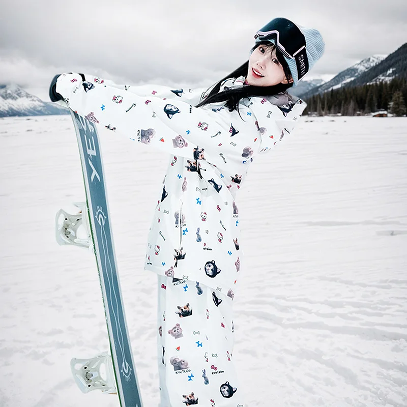 

Winter Loose Hooded Thermal Windproof Jacket Pants Set Woman Outdoor Sports Single Double Board Waterproof Breathable Ski Suit