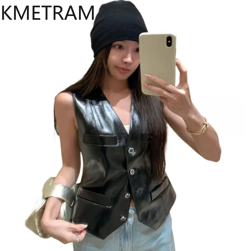 KMETRAM Real Sheepskin Vest Women Fashion Short Slim Tank Tops Sleeveless Autumn Genuine Leather Jacket Woman Clothing 2026 가죽자켓