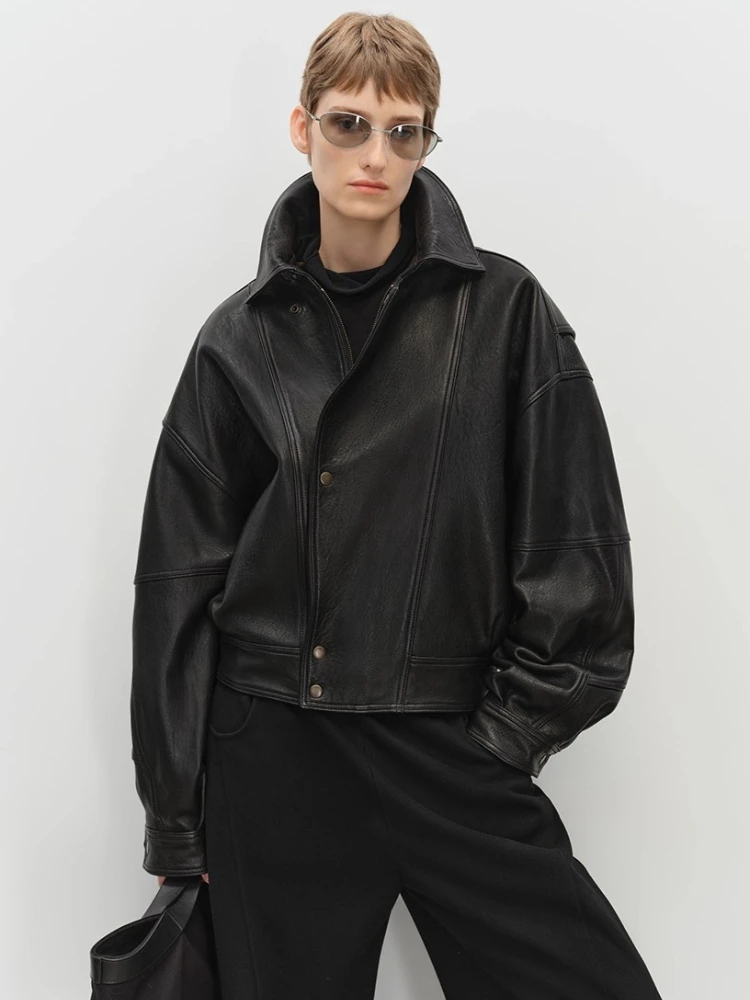 Vintage Short Genuine Leather Jackets for Women Autumn Winter 2025 High-end Simple Classic Bubble Real Sheepskin Quilted Coats