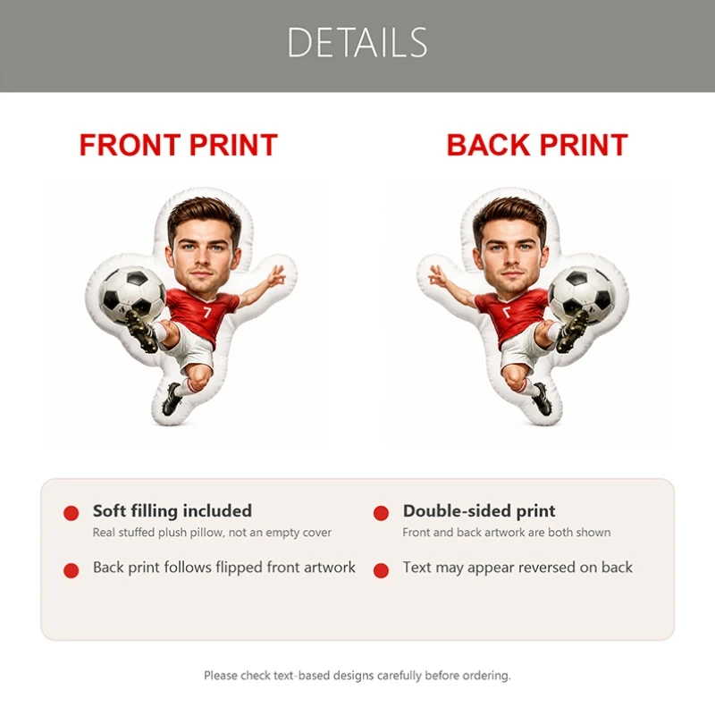 Custom Photo Soccer Player Shaped Pillow, Red Jersey Footballer with Custom Face Decorative Cushion, Unique Home Decor Accent fo