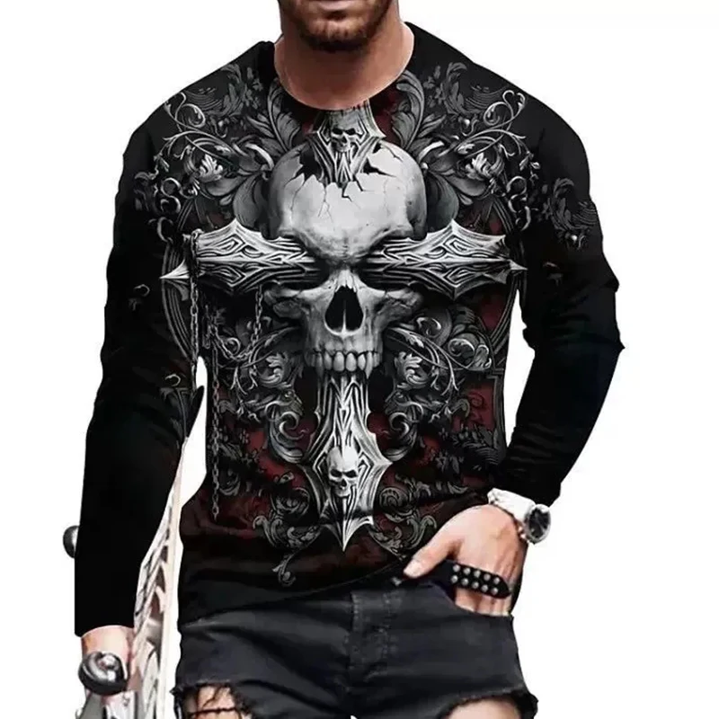 

New Tide Skull Pattern Eurkdean Size long Slpoied T-shirt For Men's Casual Autumn Top Roulkjnd Necliu