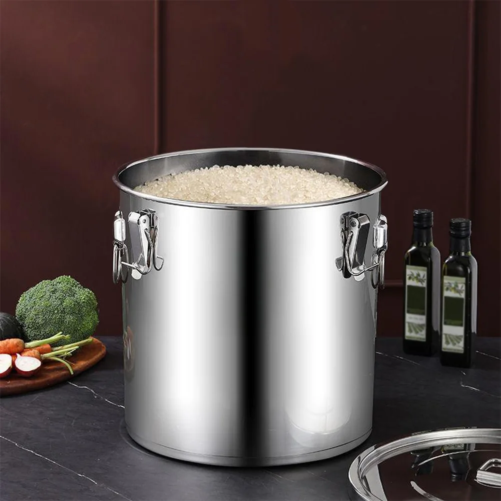 

6/12/21/33L 304 Stainless Steel Airtight Canister with Lid Food Oil Sugar Milk Storage Bucket w/Handles for Home Kitchen