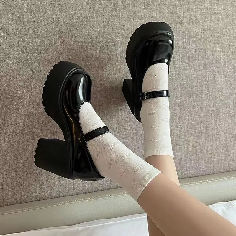 white Women Classic Pumps Fashion Platform Shoes On High Heels Chunky Heel Spring Fashion Mary Jane Punps Buckle Strap School