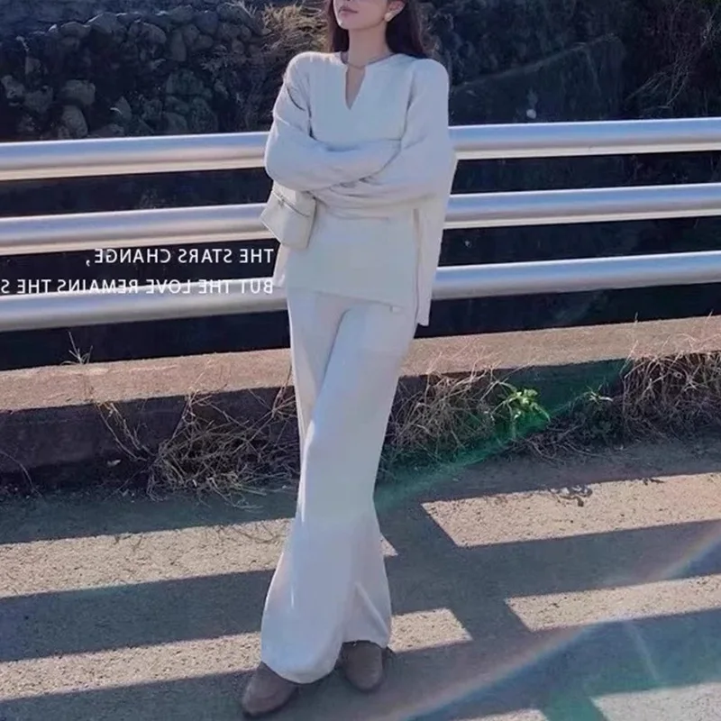 طقم بناطيل رجالي طقم مكون من قطعتين سترات منسوجة برقبة على شكل V وأكمام طويلة وسراويل طويلة بأربطة وخصر مطاطي Y2k ملابس الشارع #4