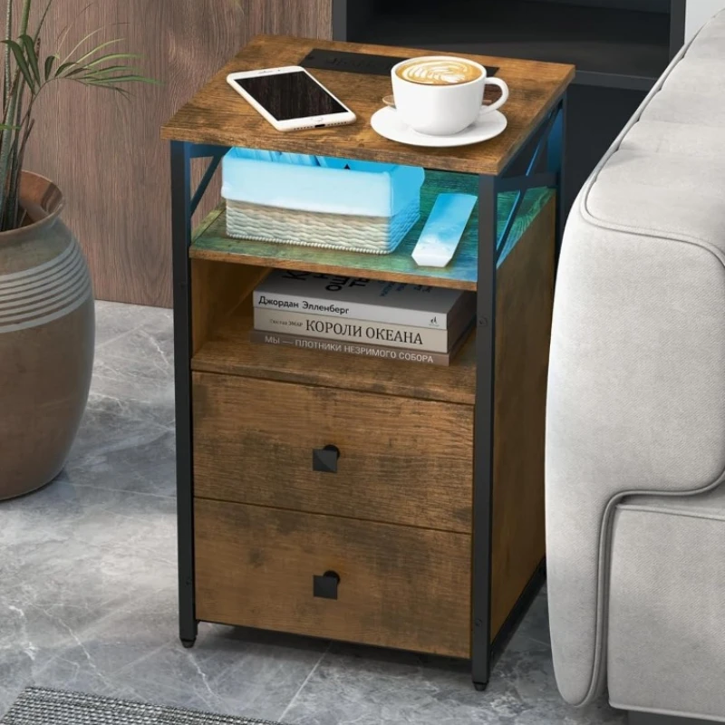 LED Nightstands with Wireless Charging Station and 2 Wood Drawers End Tables Living Room with USB and Outlets Bedroom Brown