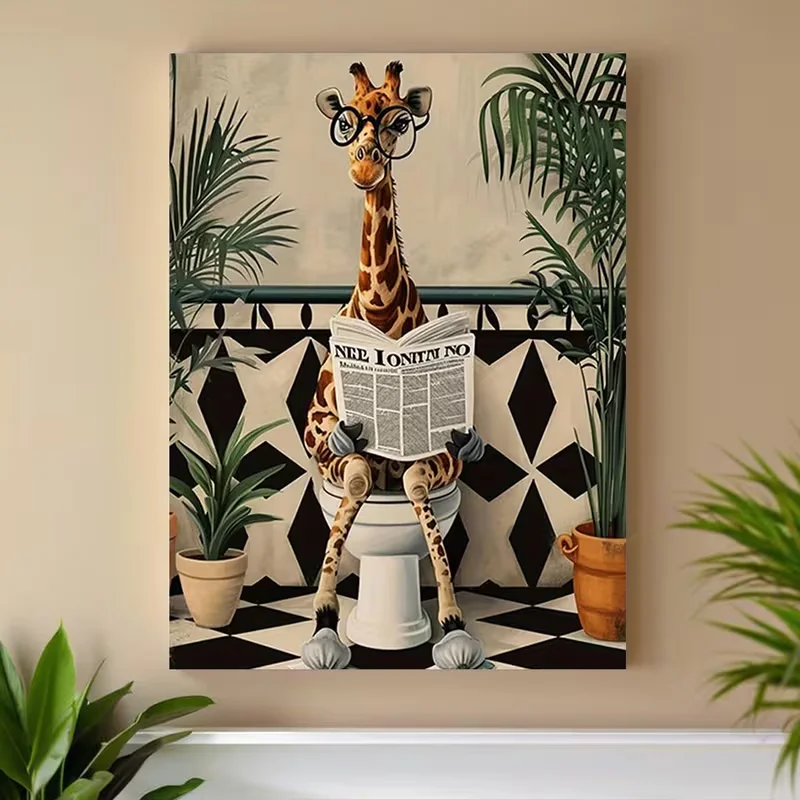 

2D Flat, 2D Flat, 1pc Canvas Painting, Giraffe Bathroom Fun Inspirational Creative Wall Decoration, for Home Bedroom Living Room