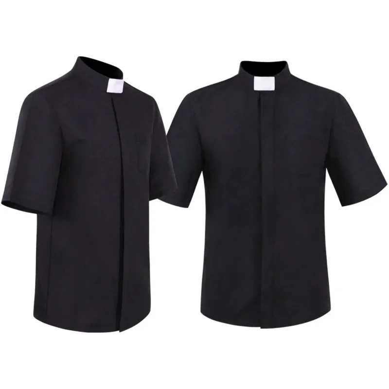 Priest Shirt Pastor cosplay costume  Men Medieval Clergy Catholic Church Minister Preacher Short Sleeve Tops Roman Blouse IA2267