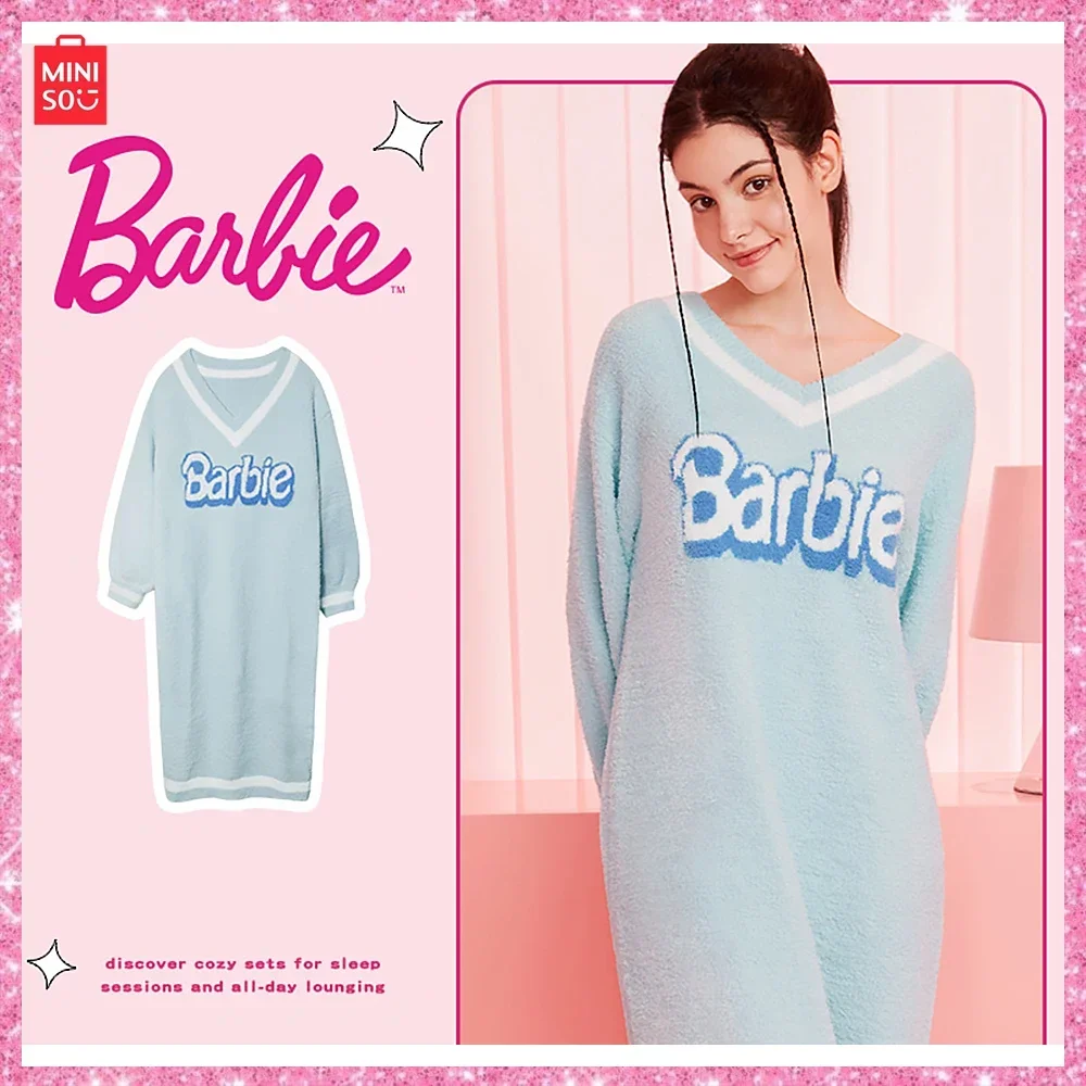 MINISO 2024 New Jointly Barbie Integrated Style Coral Velvet Sleepwear Dress Half Fleece Warm Home Fur Women's Long Sleeve