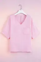 Plus Size Pink Textured V Neck Tunic Top, Batwing Short Sleeve Pocket Loose Blouse for Curvy Women, Lightweight Summer Casual Co - Image 4
