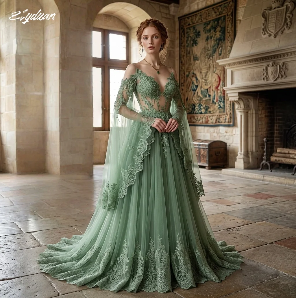 Salbeigrünes Feen-Spitzen-Hochzeitskleid, schulterfrei, lange Boho-Ärmel, A-Linie, Renaissance-Elfenprinzessin-Brautkleid, individuell anpassbar