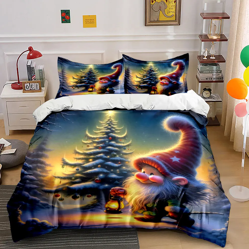 A snowy gnome with a lantern by a decorated Christmas tree Print Duvet Cover Bedding Set Included 1*Duvet Cover 2*Pillowcases