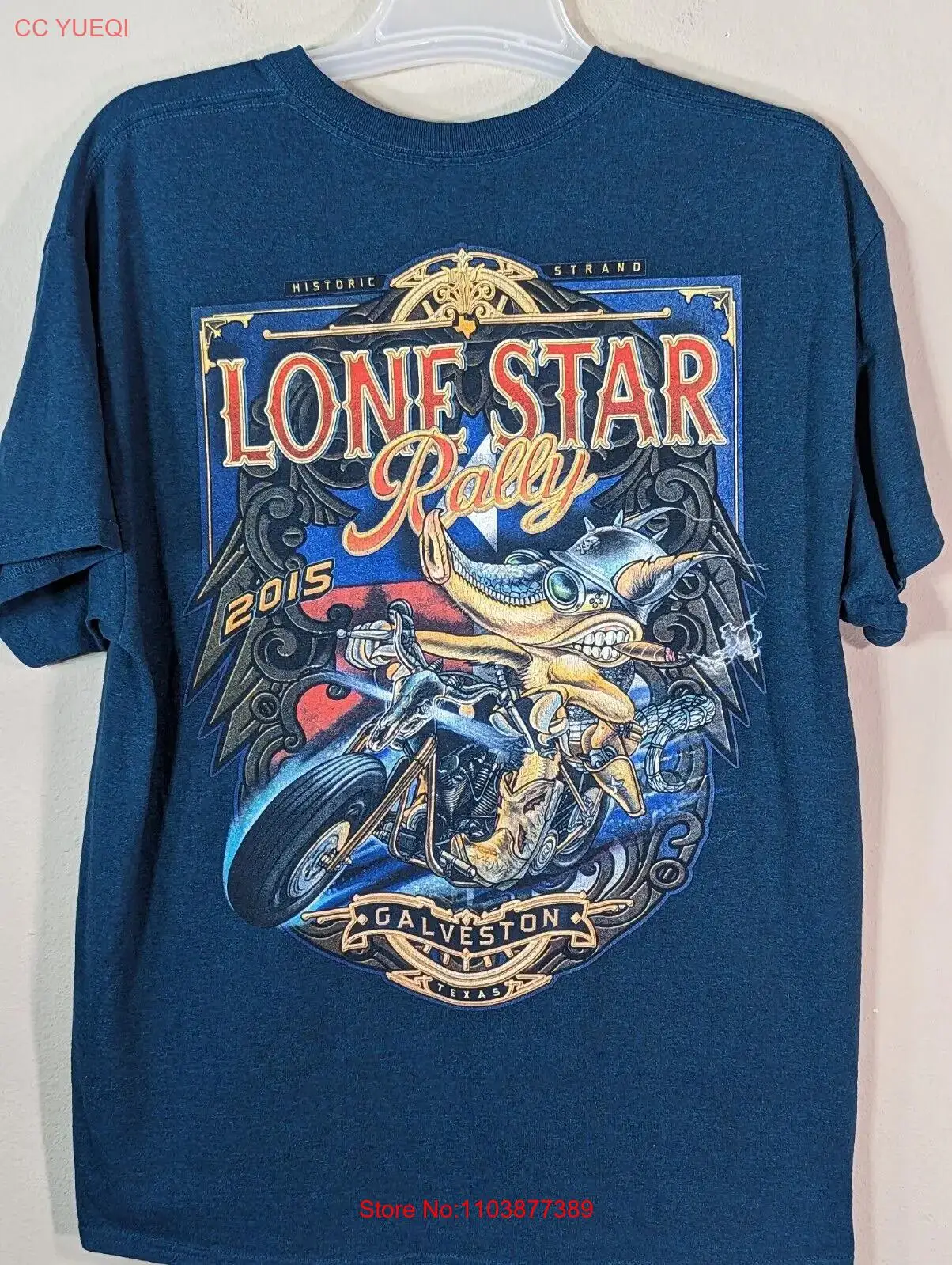 Lone Star Rally Motorcycle Armadillo Biker Galveston Blue Graphic T-Shirt Large long or short sleeves