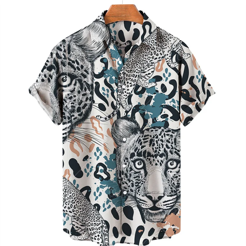 Animal Leopard Graphic Shirts for Men Clothing 3D Print Hawaiian Beach Shirts Short Sleeve y2k Tops Vintage Clothes Lapel Blouse