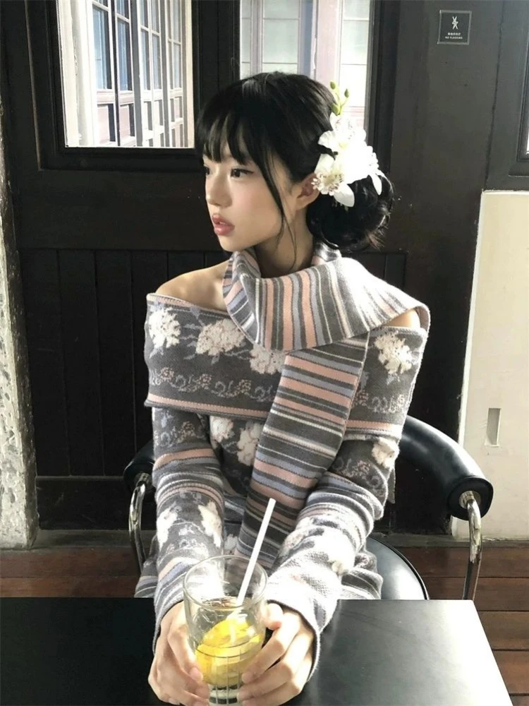 Y2k Dress Set Women Knitted Vintage Jacquard Sweater Dress Women Slim Off Shoulder Dresses + Scarf Aesthetic Mini Vestidos Cute