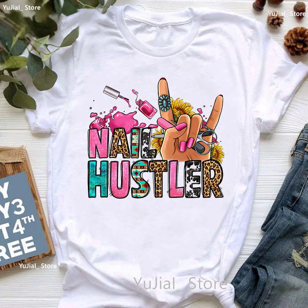 New Arrival 2024 Nail/Hair Hustler Graphic Print T Shirt Women Leopard Coffee Flowers Tshirt Femme Harajuku Shirt Summer Tops