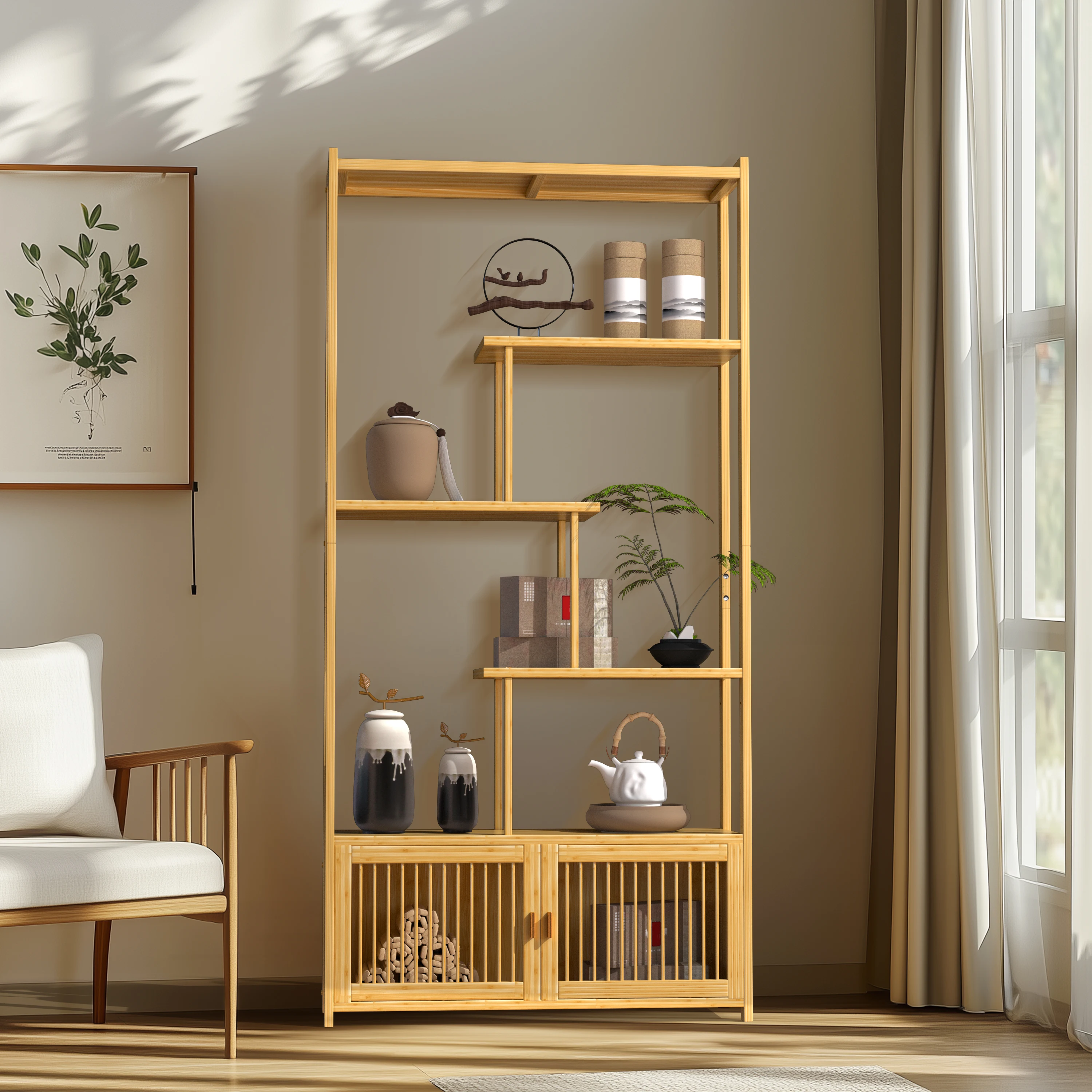 6 Tier Bamboo Bookshelf Bamboo Storage Rack with Cabinet Display Rack Storage Organizer for Living
