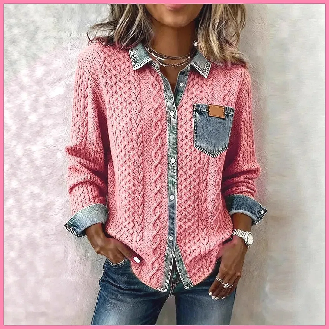 

Women's Autumn Winter Patchwork Cardigan Jacket, Long Sleeve Lapel Coat, New Fashion Versatile Outerwear