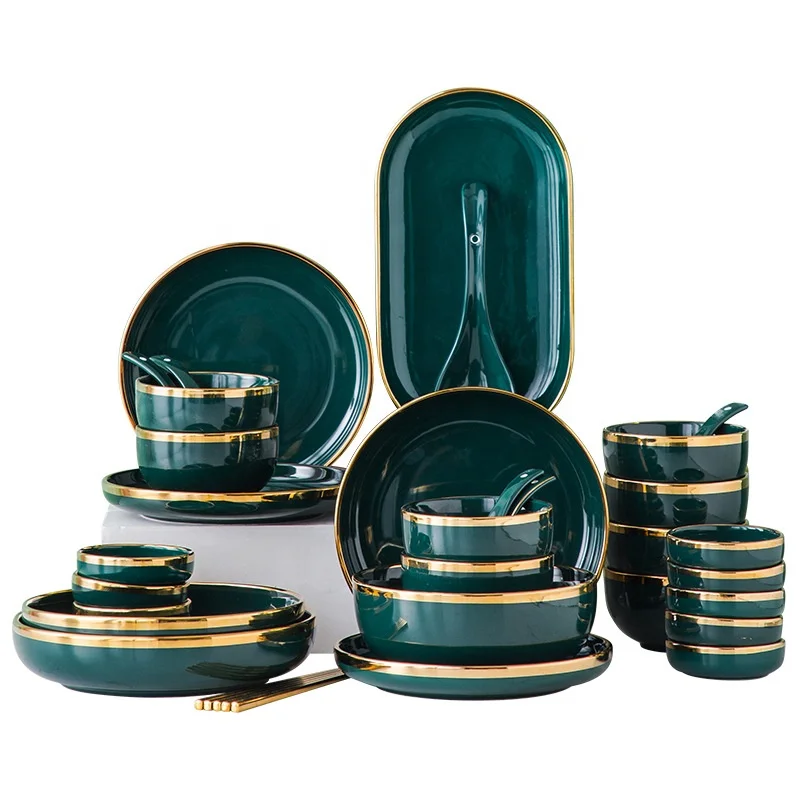 Ceramic Dinner Plates Dinnerware Set Dishes Luxury Green Food Plate Set Salad Soup Bowl Plate And Bowls Set For Restaurant Hotel