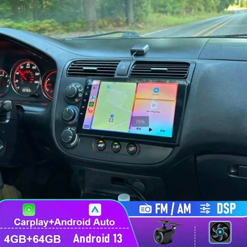 4-64GB For Honda Civic 2001-2005 Apple CarPlay Android 13 Auto Car Stereo Radio FM AM BT Head Unit