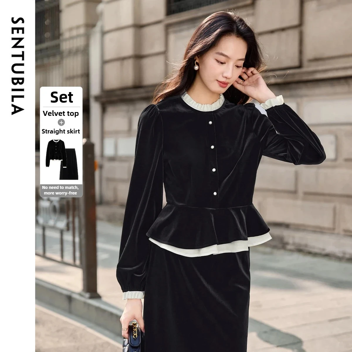 

SENTUBILA Elegant Velvet Skirt Sets Women's Autumn Fashion Two Piece Set Contrast Lace Short Top Straight Midi Skirts 153ZA2633
