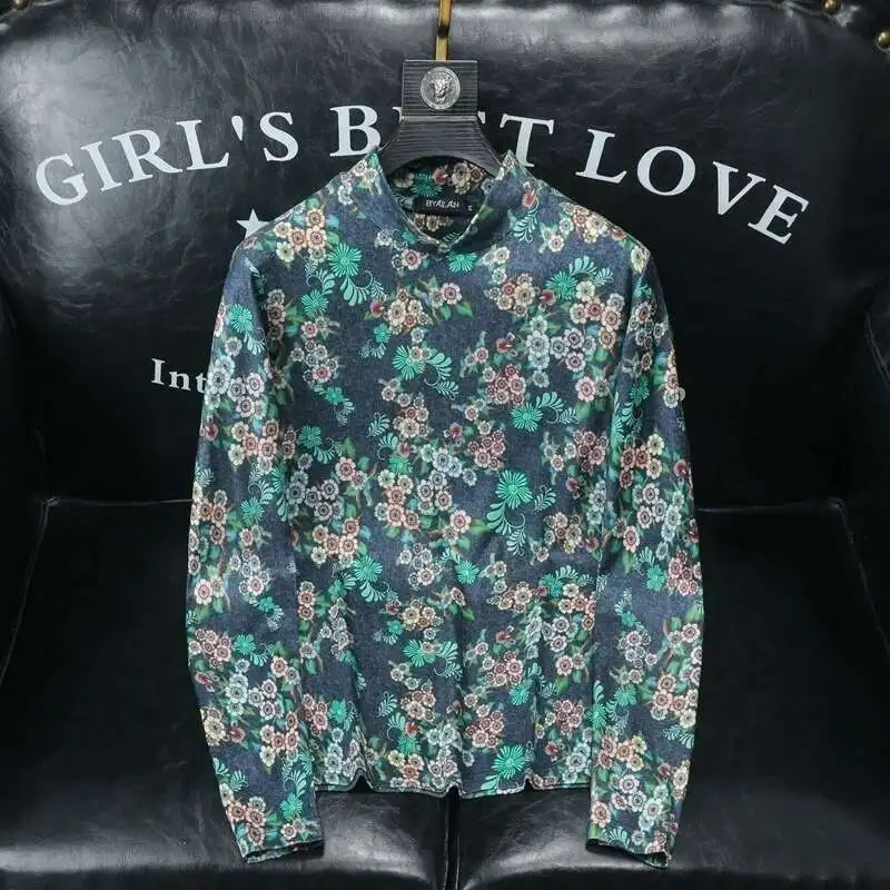

Autumn Print Casual T Shirt Homme Side Zipper Stand Collar Luxury Flora Royal T Shirt Men Club Outfits Velvet Tshirt Men
