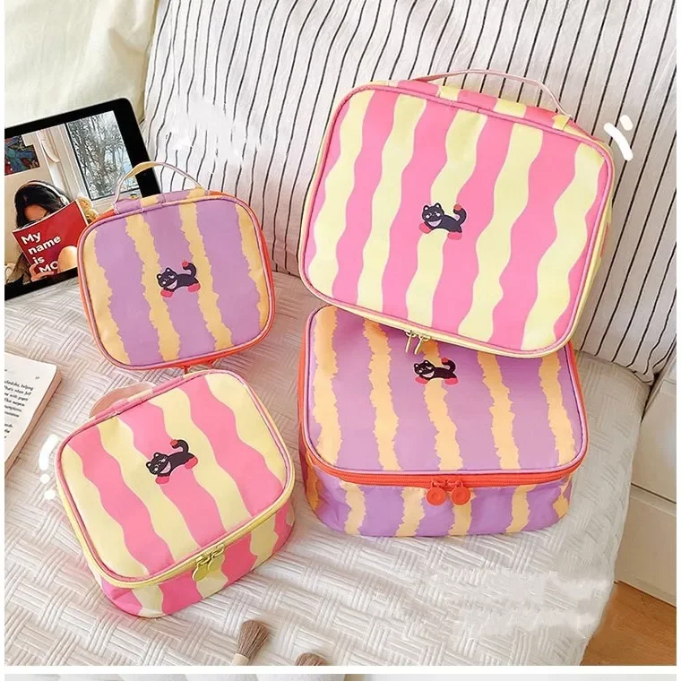 Striped Cute Cosmetic Bag Women Travel Portable Makeup Storage Pouch Household Large Capacity Skincare Toiletries Organizers