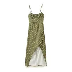 Tangada 2024 Women Green Dots Tank Dress Zipper Female Backless Midi Dresses 6H0133