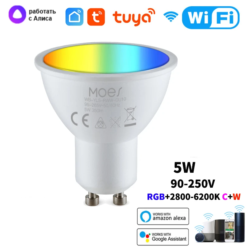 Tuya WiFi GU10 Smart Bulb RGB C+W White 5W Dimmable Night Light Smart Life APP Control LED Lamp, Alexa Google Home Yandex Alice