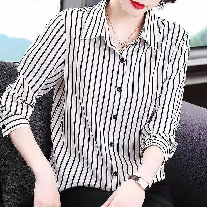 2022 Women\'s Clothing Fashion All-match Striped Button Blouses Spring Turn-down Collar Casual Commute Thin Long Sleeve Shirt